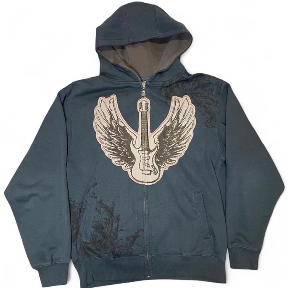Silver Point Other - Silver Point Y2K Graphic Zip-Up Hoodie with Winged Guitar and Skull Zipper Pull